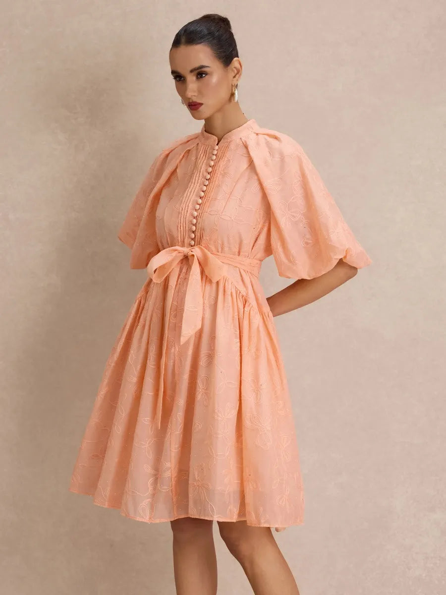 Hailey Floral-Embroidered Puff-Sleeve Midi Dress