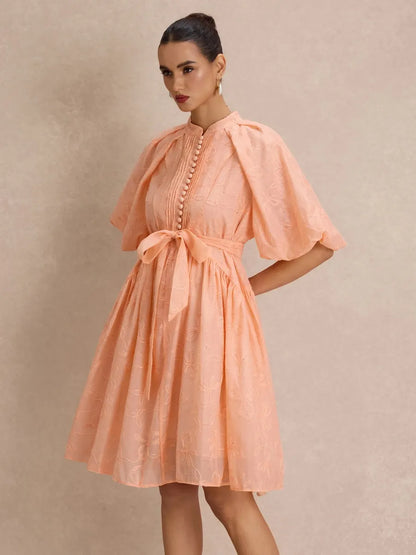 Hailey Floral-Embroidered Puff-Sleeve Midi Dress