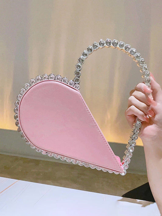 Contrast Color Heart Shape Hollow Rhinestone Zipper Evening Bags