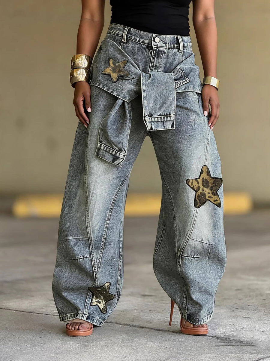 Carolina Star and Leopard Print Patchwork Jeans