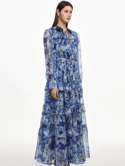 Hazel Flowy Long Sleeve Ruffle Floral Print Maxi Dress
