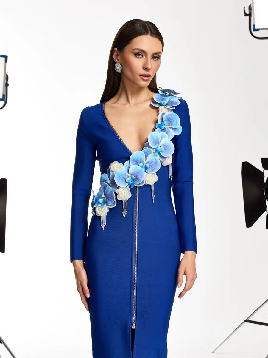 Riley V Neck Flower Bandage Midi Dress