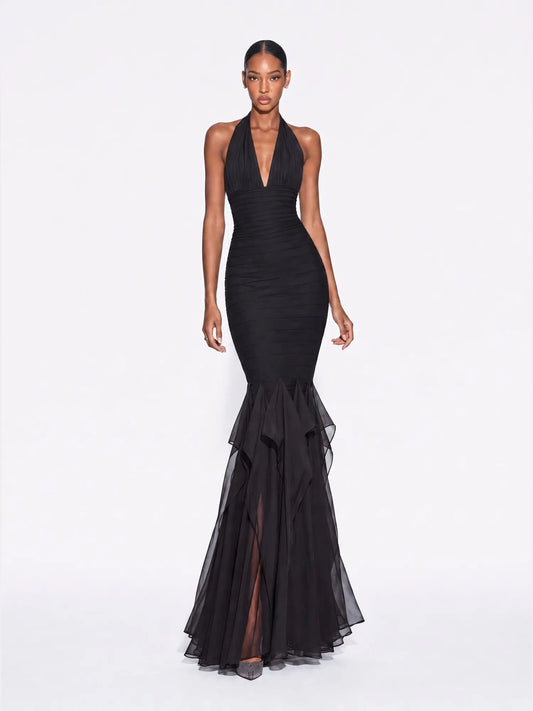 Coraline Halter-Neck Ruffled Backless Maxi Dress