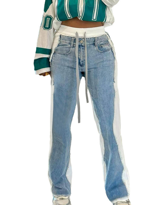 Fashion Splicing Drawstring Straight Leg Jeans