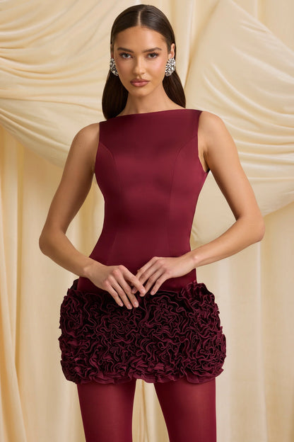Satin Floral Appliqué Open-Back Mini Dress in Wine Red