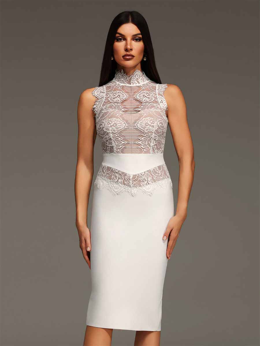Delilah Stand Collar Lace Bandage Mini Dress