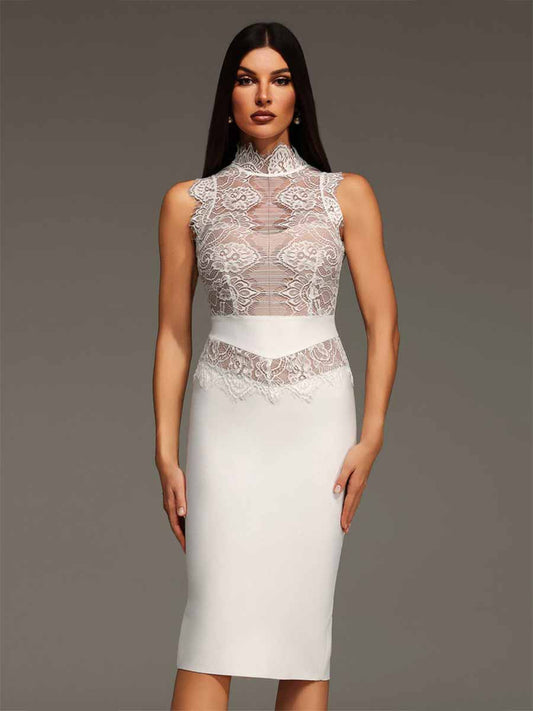Delilah Stand Collar Lace Bandage Mini Dress