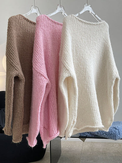 Casual Loose Long Sleeves Split-Side Solid Color High-Neck Sweater Tops