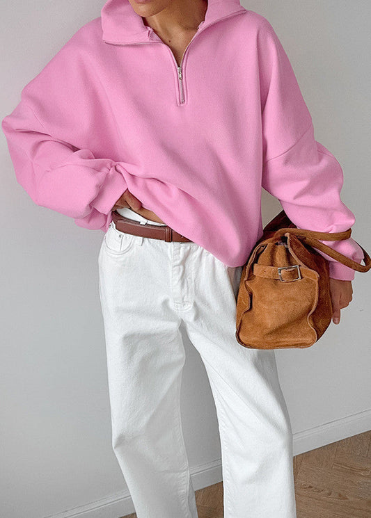 Oversized Cotton Blend Zipper Pullover Sweatshirt