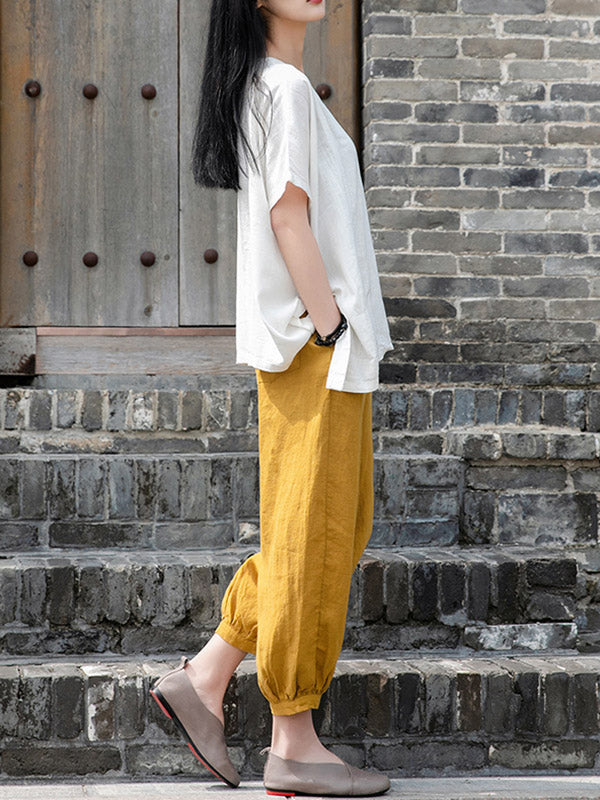 Simple Linen Solid Color Elasticity Waist Loose Knickerbockers&Capri-Pants