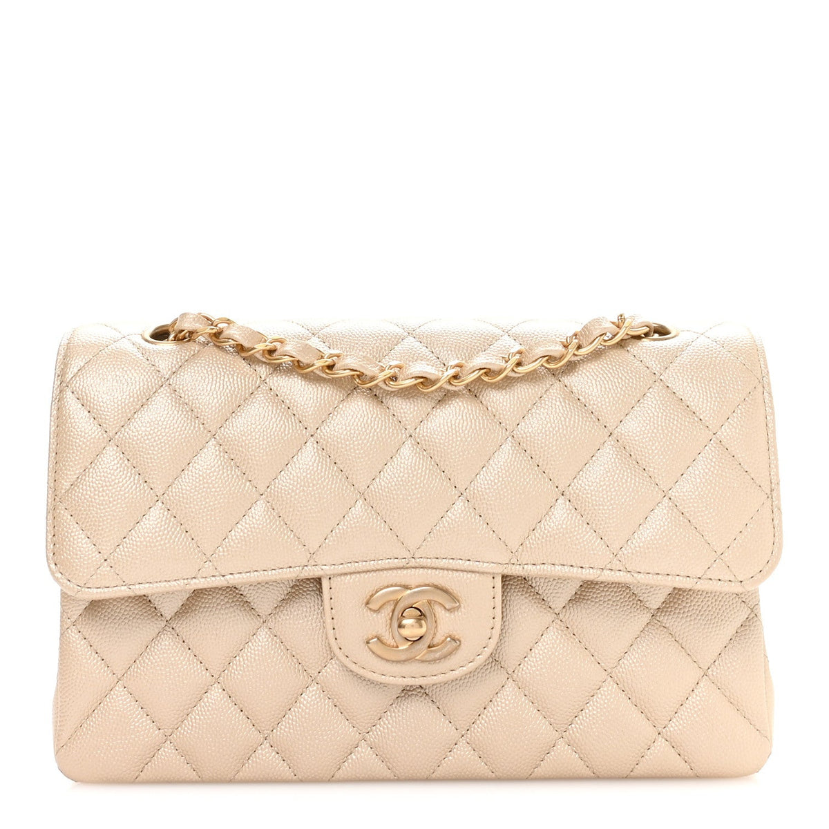 Metallic Caviar Quilted Small Double Flap Beige