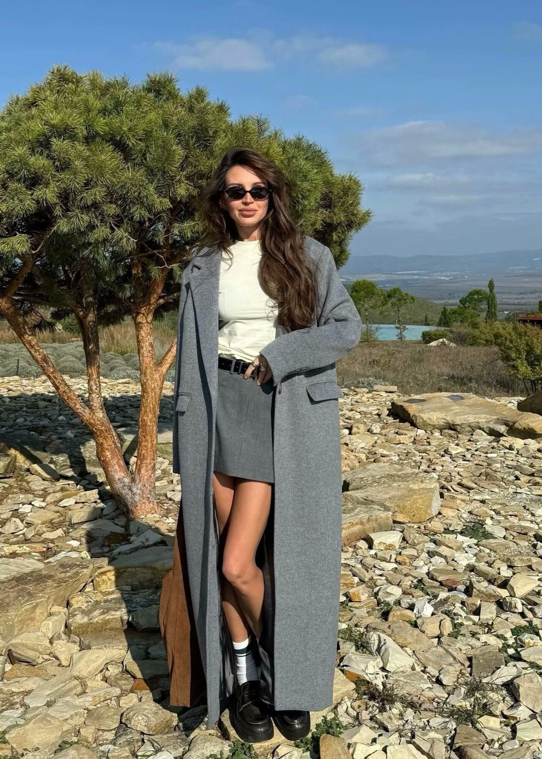 Double Breasted Long Wool Blend Coat Gray