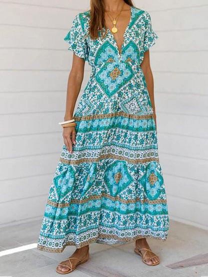 Designer Women'S Summer Holiday Dress Retro Printed V-Neck Long Dress