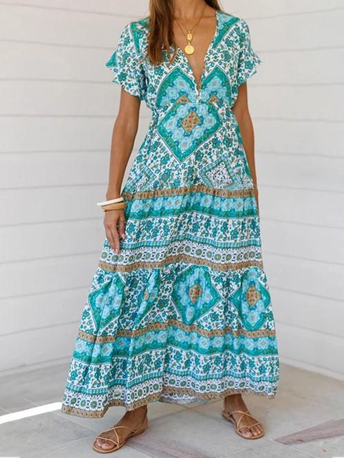 Designer Women'S Summer Holiday Dress Retro Printed V-Neck Long Dress