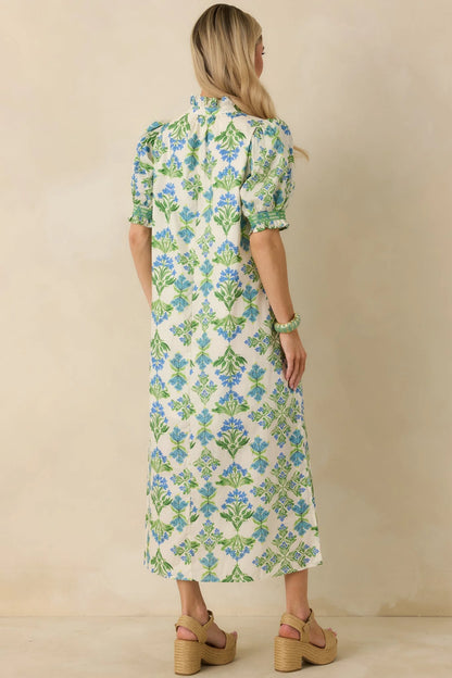 Fresh Fields Ivory Multi Cotton Floral Print Ruffle Neck Maxi Dress