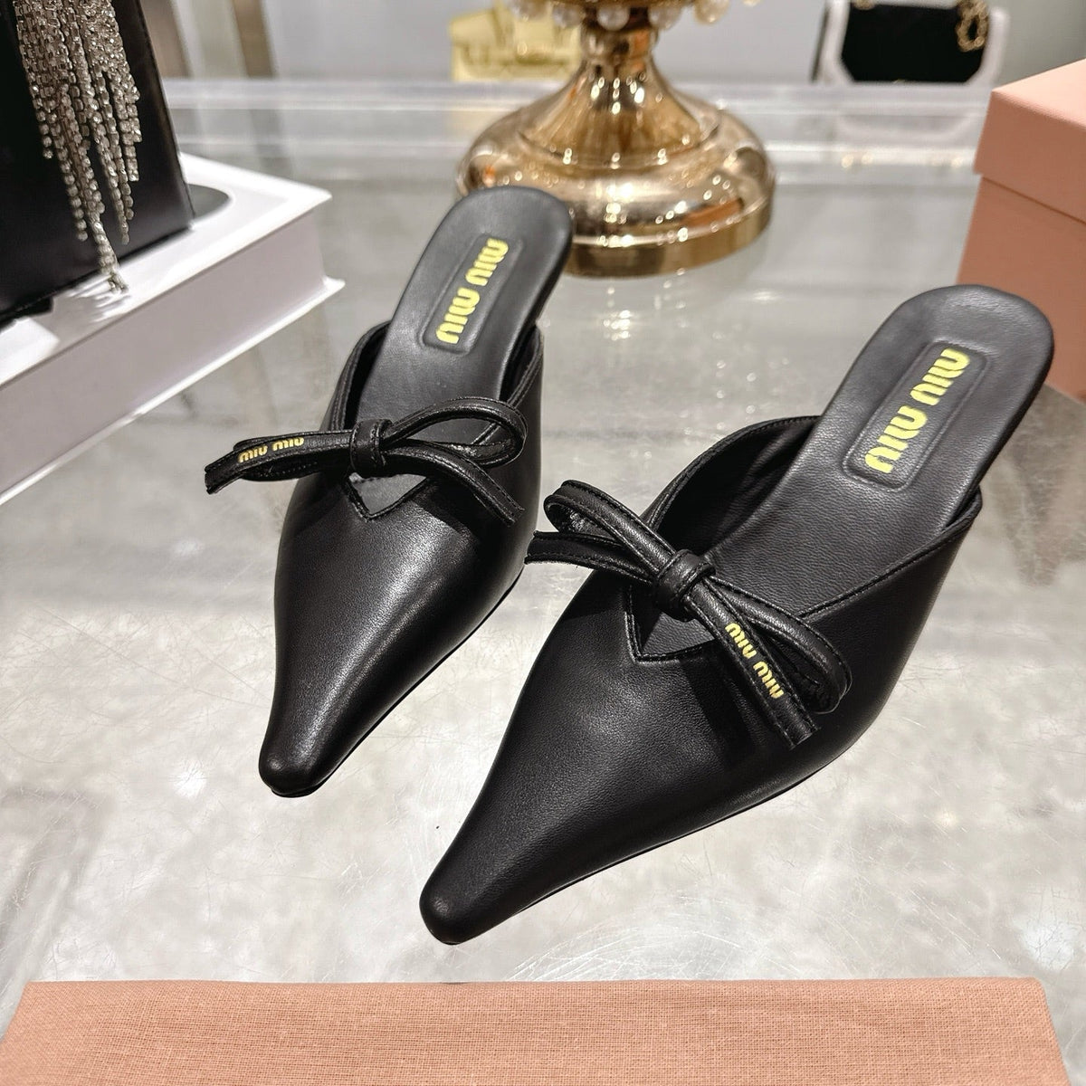 Miu 26 Pointed Toe Mule 45 Black Sheepskin 592089