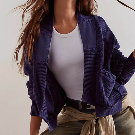 Simple Splicing Knit Cardigan Coat With Pockets