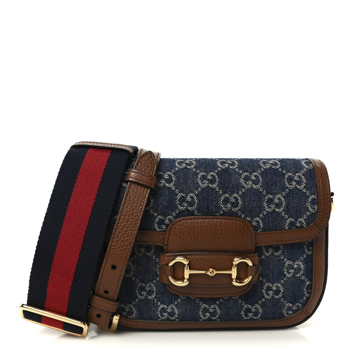 New Denim GG Monogram Dollar Calfskin Web Mini Horsebit 1955 Shoulder Bag Blue Tea Cuir Epilog