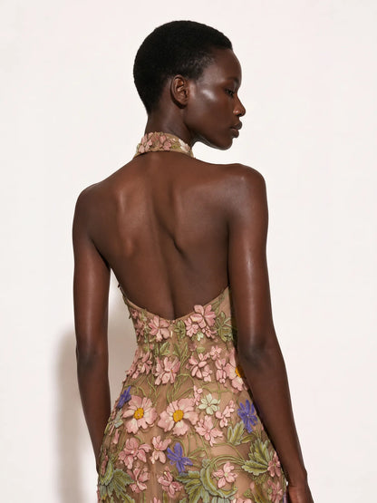 Adeline 3D Floral Details Halter-Neck Maxi Dress