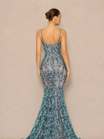 Amira Elegant Contour Cut Out Lace Pattern Maxi Dress