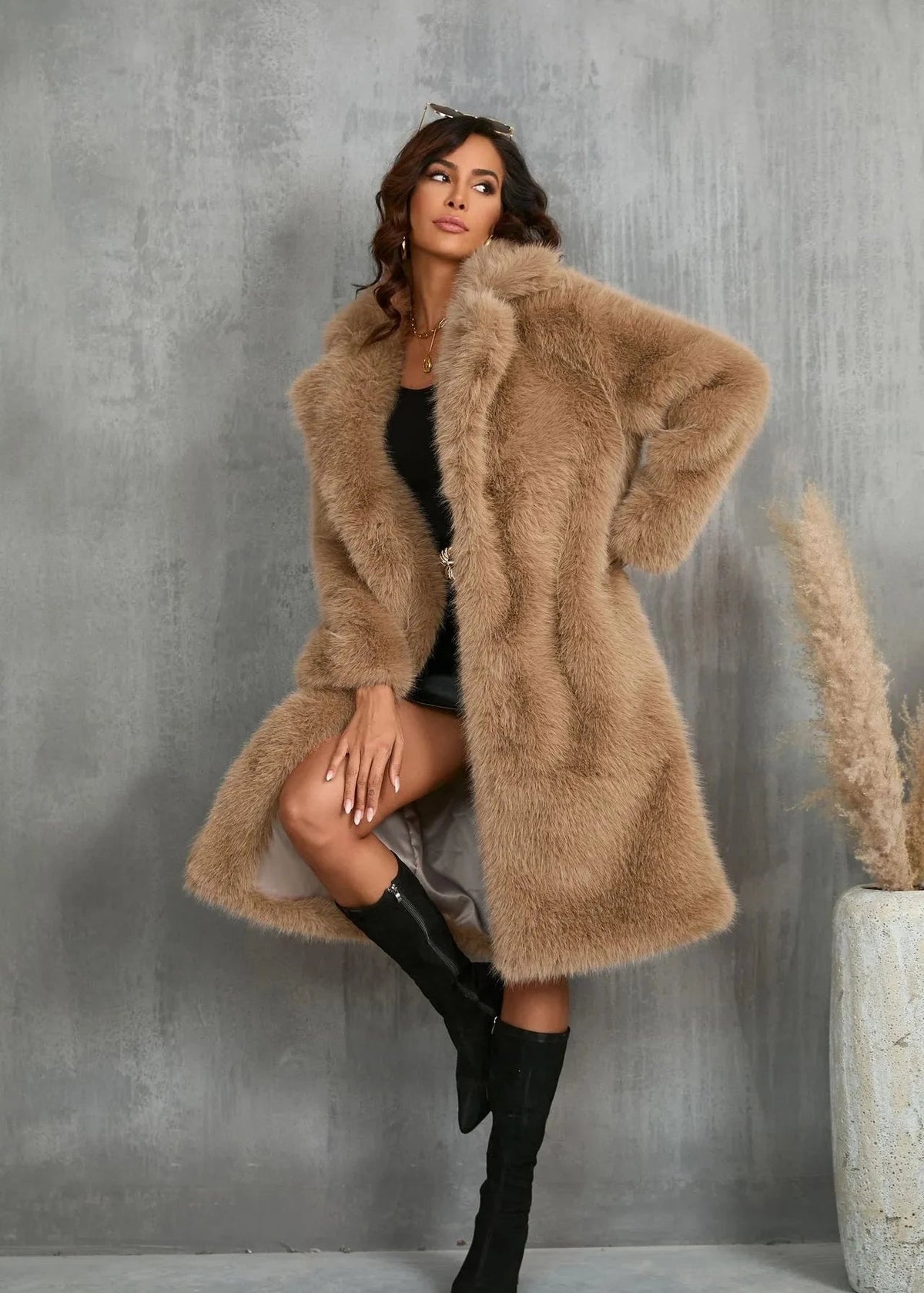 Faux Fur Suit Collar Coat Plush Mid Length