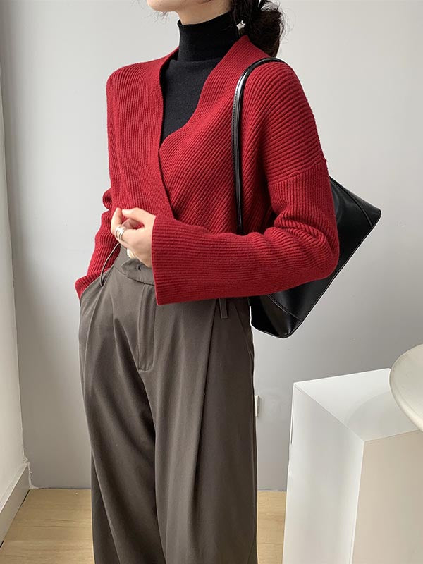Stylish 6 Colors Knitting V-Neck Asymmetric Sweater