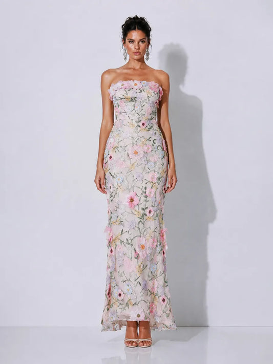 Fiona Embroidered Appliqué Strapless Maxi Dress