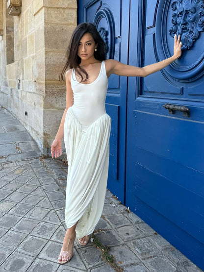 Antonia U-Neck High-Slit Pleated Backless Maxi Dress