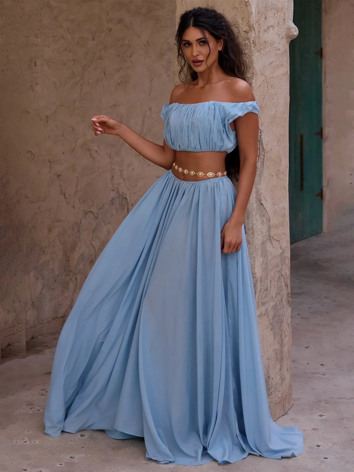 Briar Pleated Tulle Top And Skirt Set In Blue