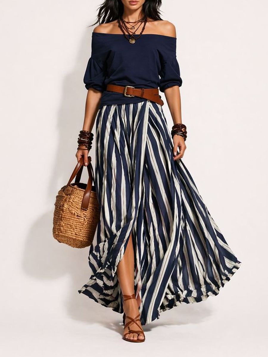 Arlette Women's Vacation-Style Off-Shoulder Top and Slit Skirt Set