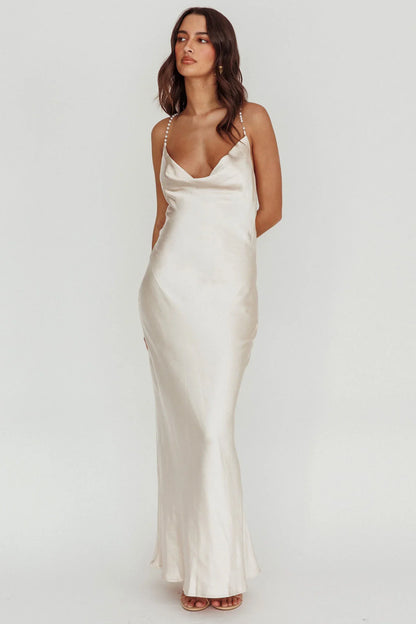 Danijela Cowl Neck Pearl Satin Maxi Dress Champagne