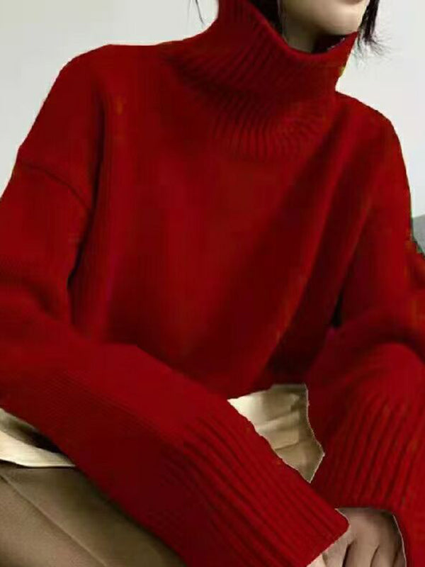 Long Sleeves Loose Pleated Solid Color Split-Joint High Neck Sweater