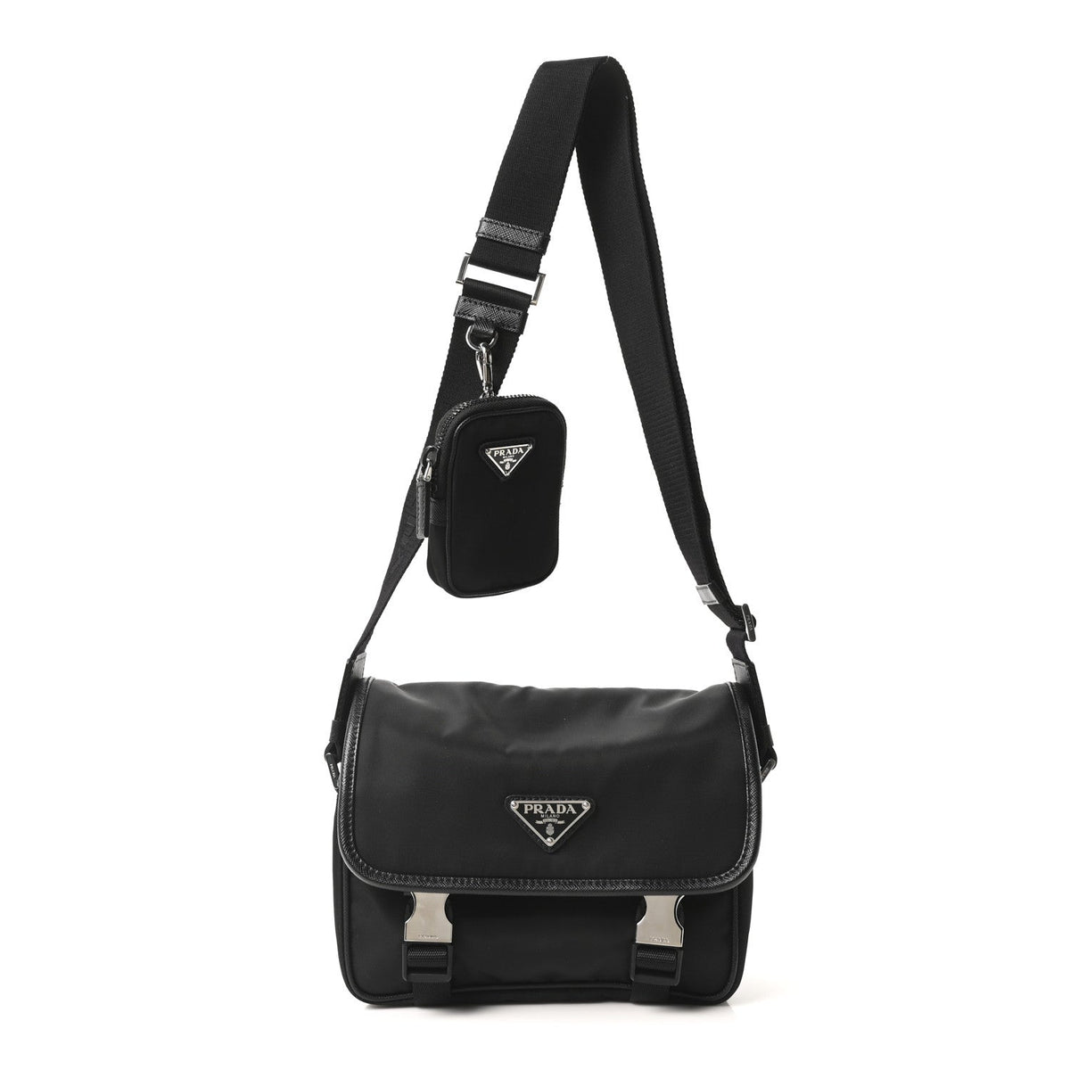 Re-Nylon Saffiano Pocket Double Snap Buckle Messenger Shoulder Bag Black