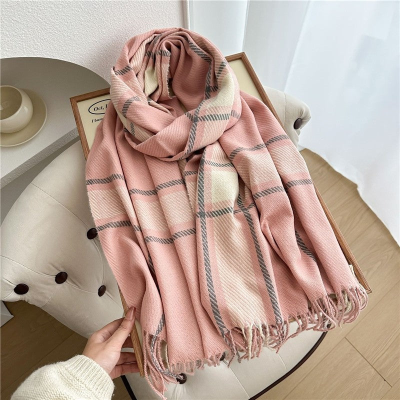 Color Block Plaid Fringe Scarf