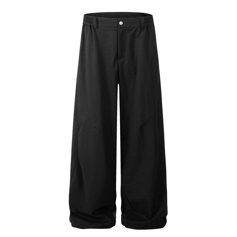 Pleated Curved Hem Wide-Leg Pants Unisex Loose Fit Style