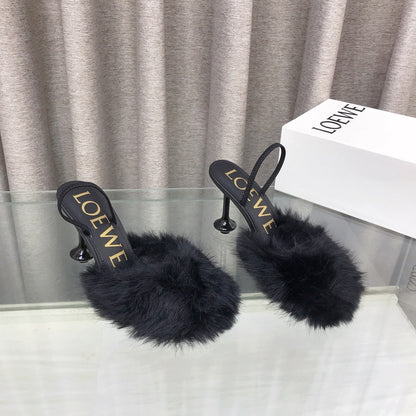 Loewe 25SS Fur-lined Mule 100 Black in Fox Fur 597440