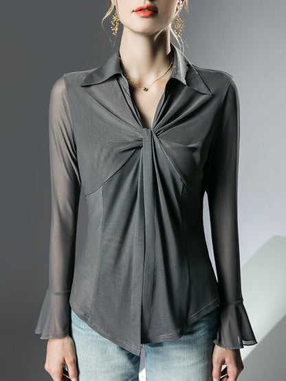 Long Sleeves Ruffle Sleeves Knot Solid Color Lapel Blouses&Shirts Tops
