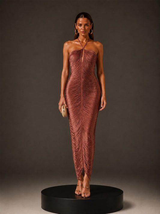 Eloise Halter-Neck Maxi Dress with Back Slit and Fringes In Brown