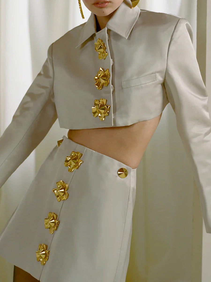 Inez Metal-Buttoned Shirt Skirt Set