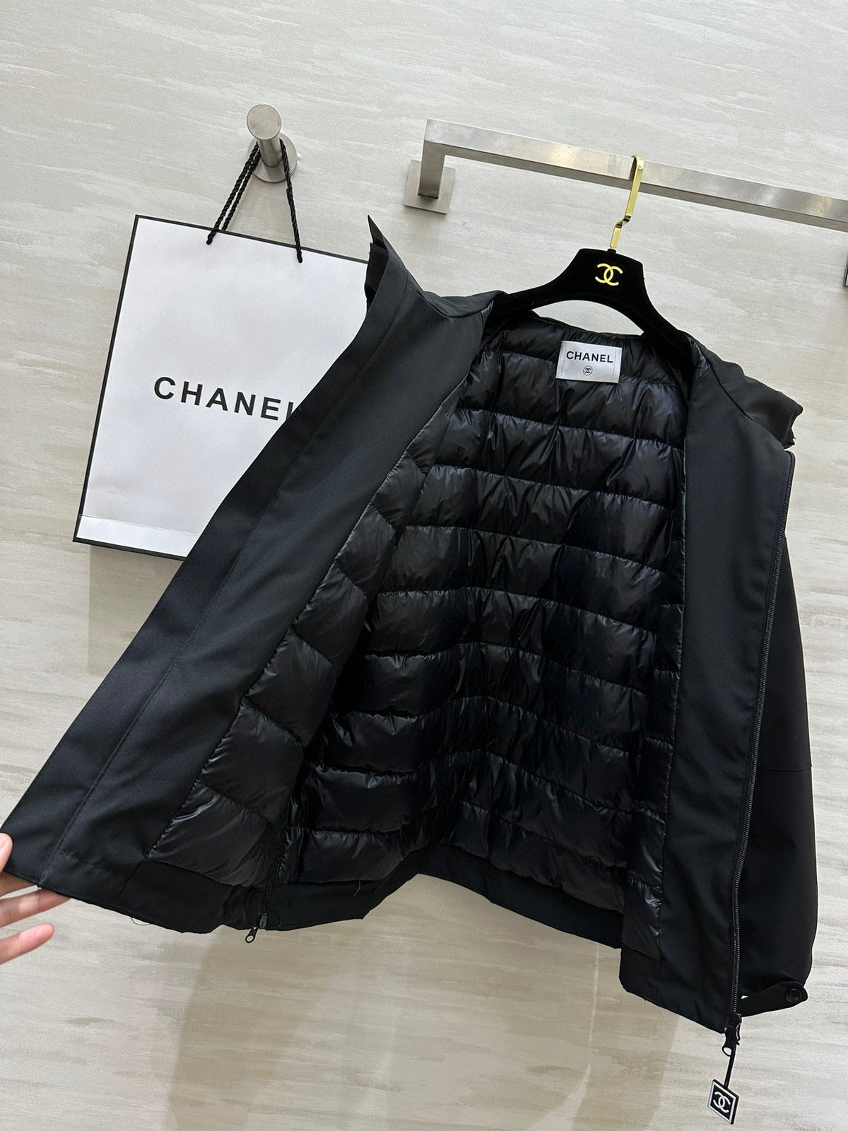 Chanel 25 Hooded Windbreaker Jacket Black Down Cotton 312195