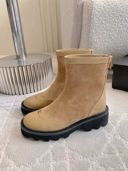 CC New Platform Ankle Boots Light Brown Suede Glossy Sheepskin