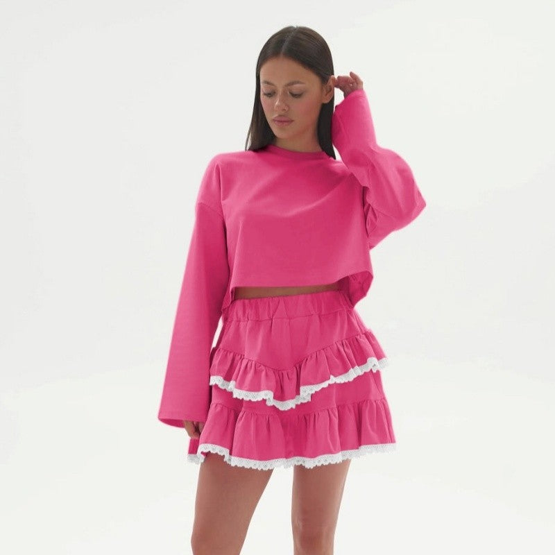 Color Block Crop Hoodie Lace Skirt Set