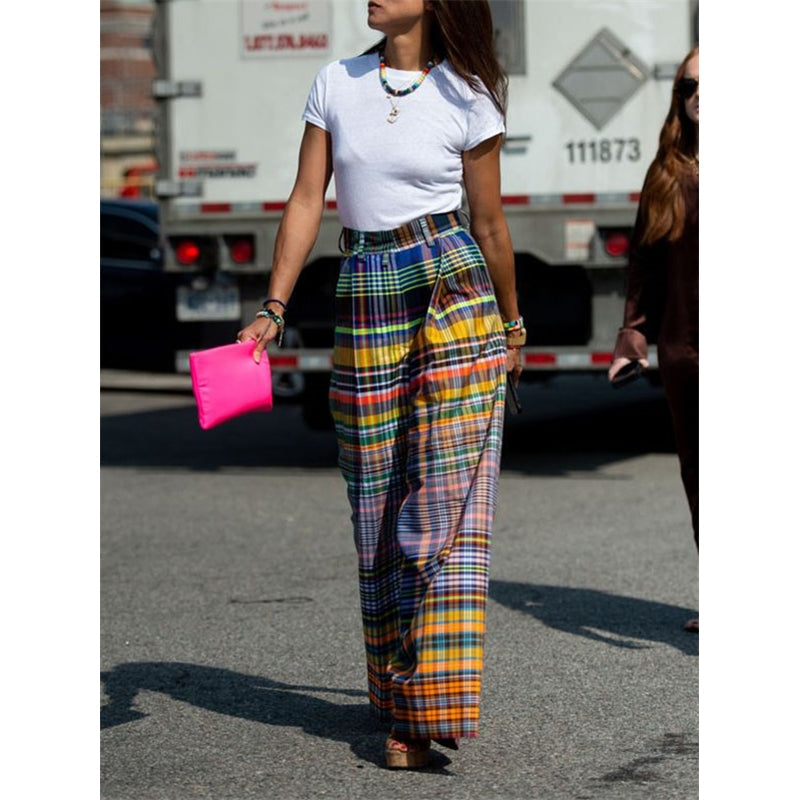 Loose Wide Leg Checkerboard Printed Casual Pants Bottoms Pants