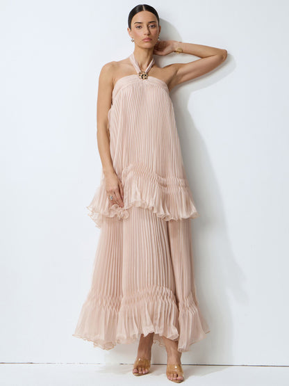 Skylar Pink Halter Neck Pleated Maxi Dress