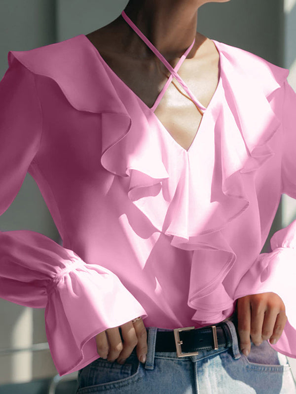 Long Sleeves Loose Falbala Lace-Up Solid Color Split-Joint V-Neck Blouses