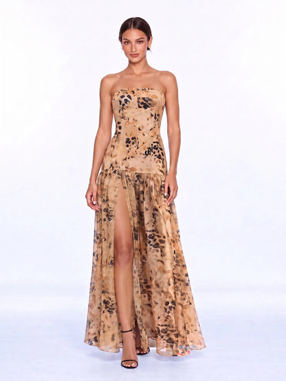 Yasmin Leopard Print Strapless Slit Maxi Dress