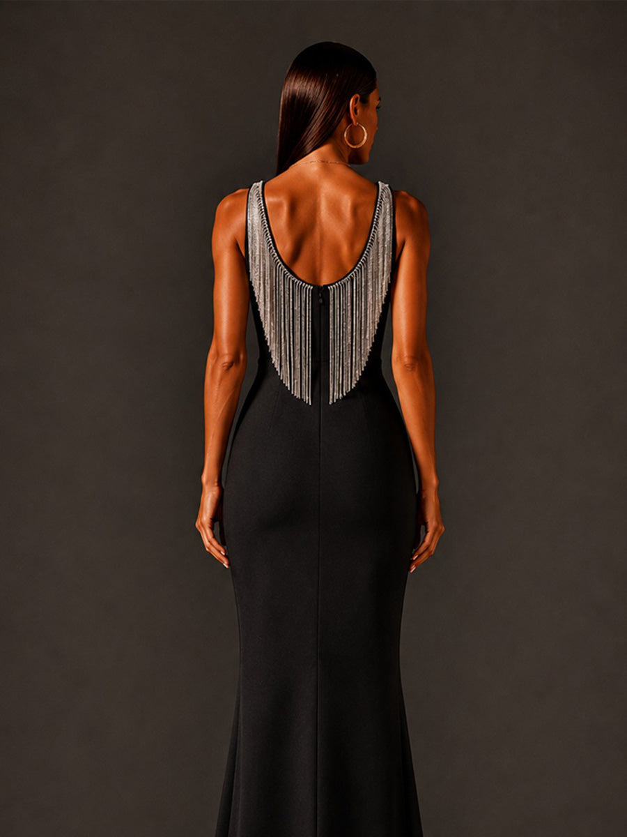 Lena Back Crystal Fringe Bandage Maxi Dress