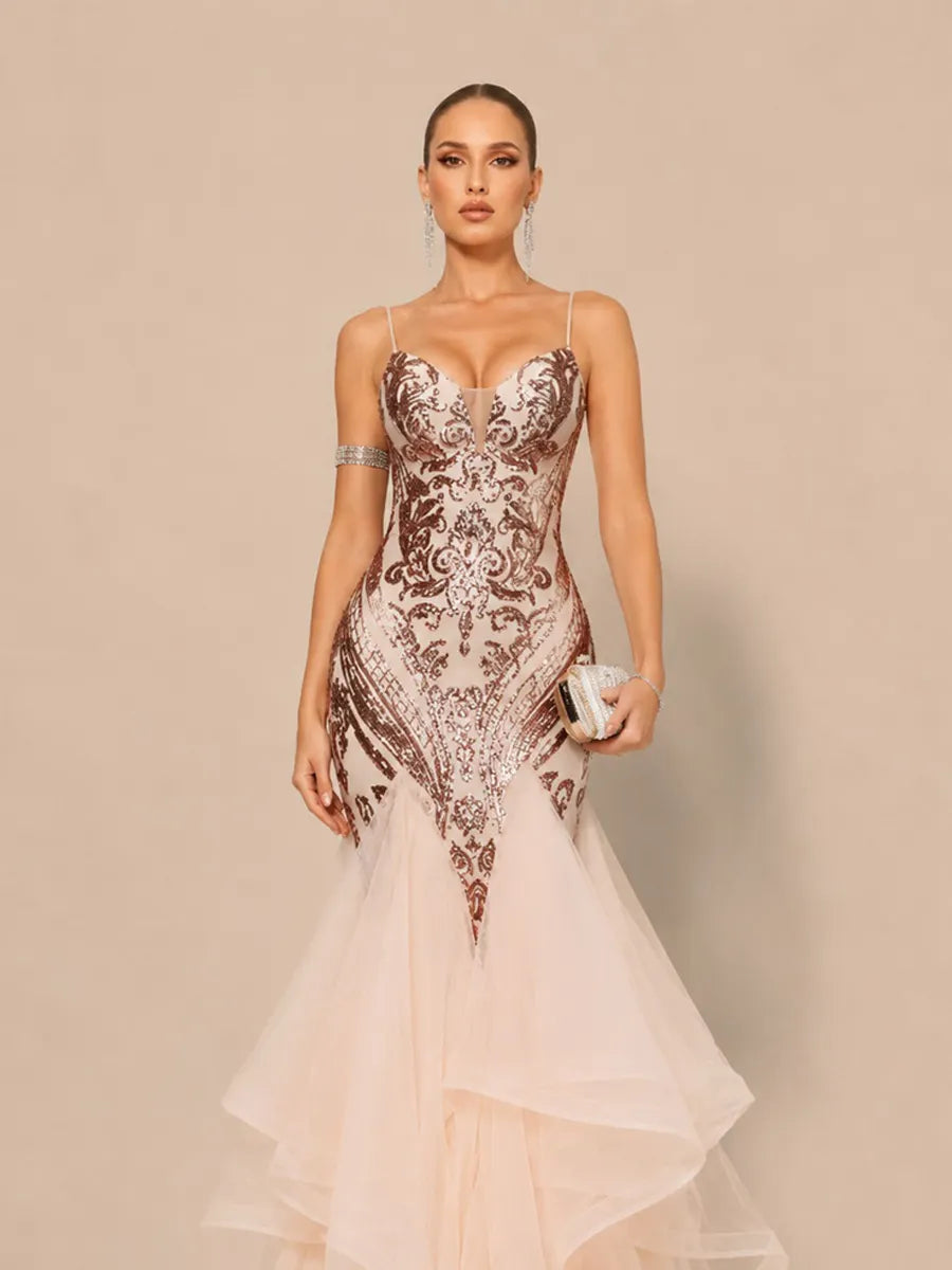 Jocelyn Elegant Contour V Neck Sequin Pattern Maxi Dress