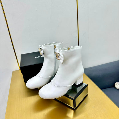 CC Bow-Adorned Rhinestone Boots White Cowhide 564596