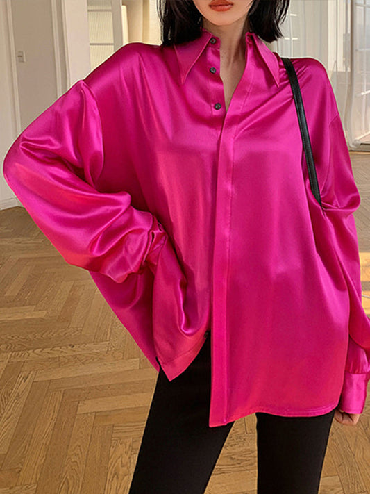 Solid Color Long Sleeves Look-Thin Buttoned  Lapel Blouses